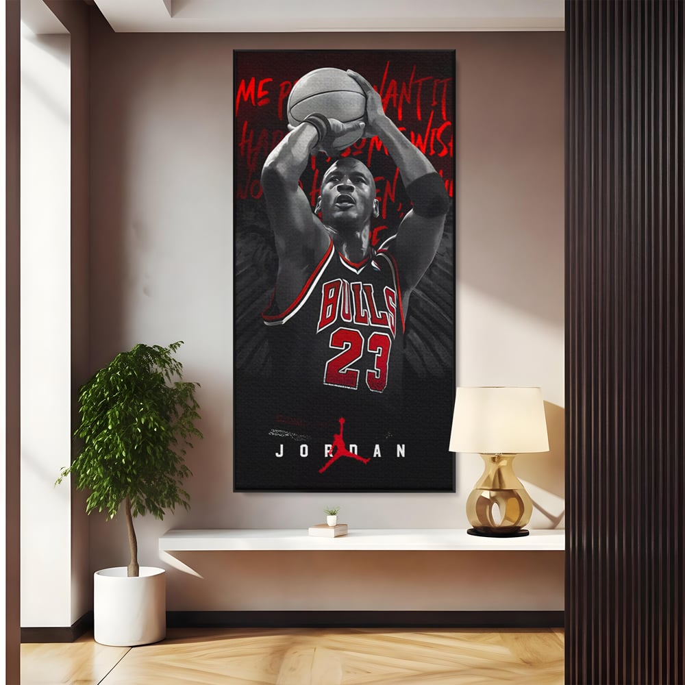 Tablou canvas cu tablou canvas cu michael jordan in actiune, in rama de aluminiu negru